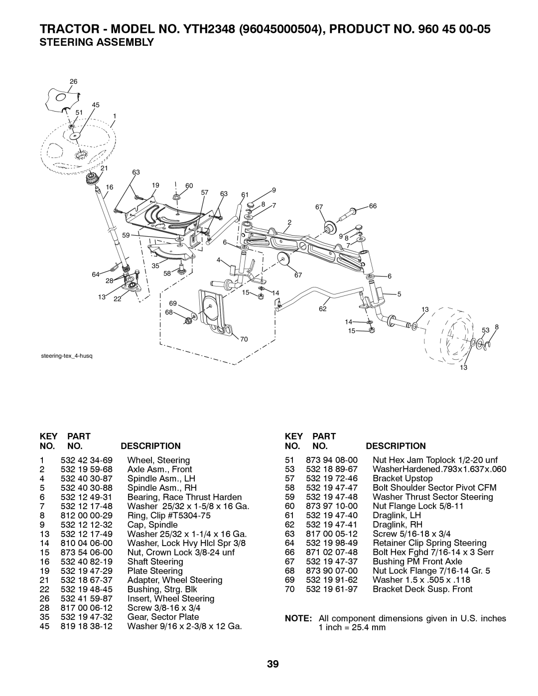 Husqvarna 532424761R1, 96045000504 owner manual Steering Assembly 