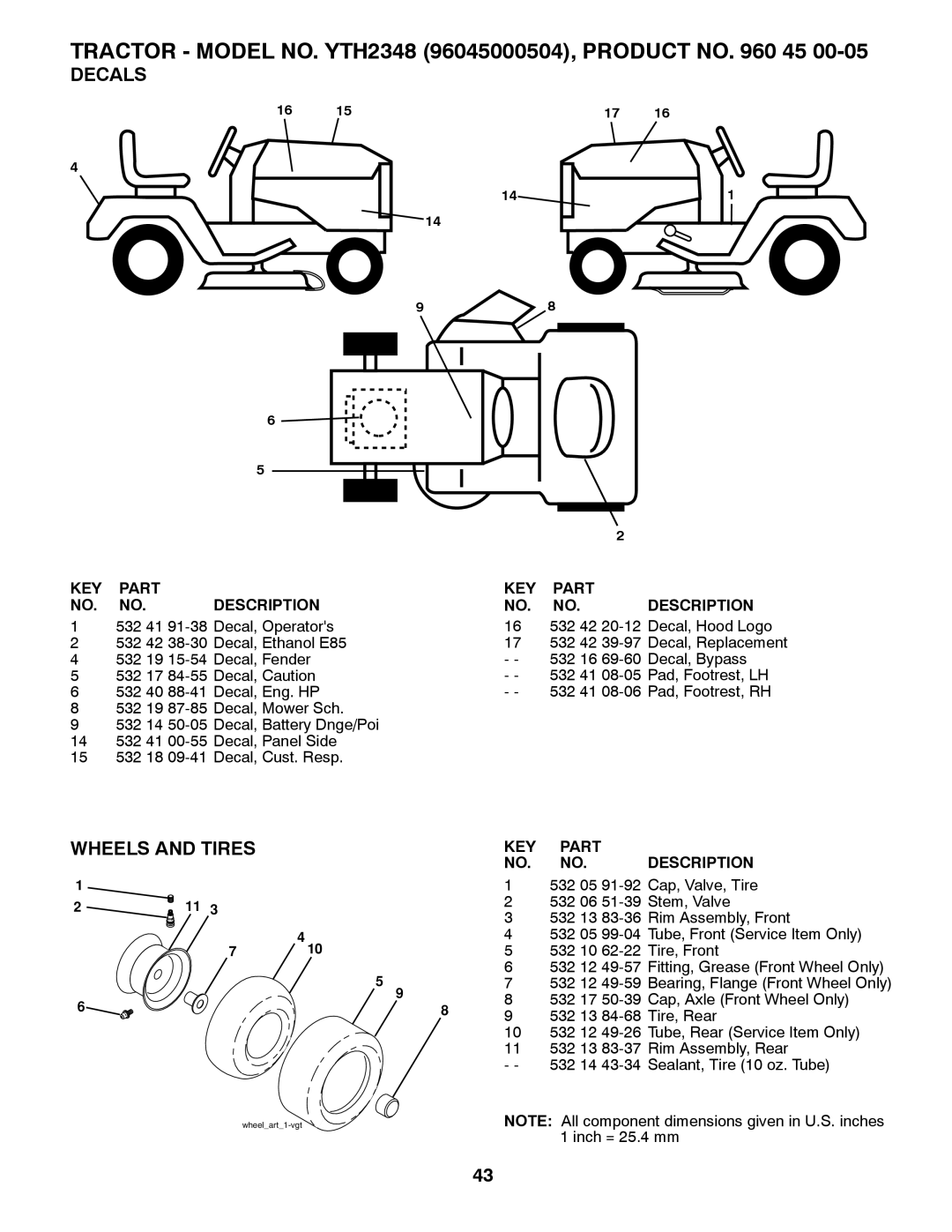 Husqvarna 532424761R1, 96045000504 owner manual Decals, Wheels And Tires, Part, Description 