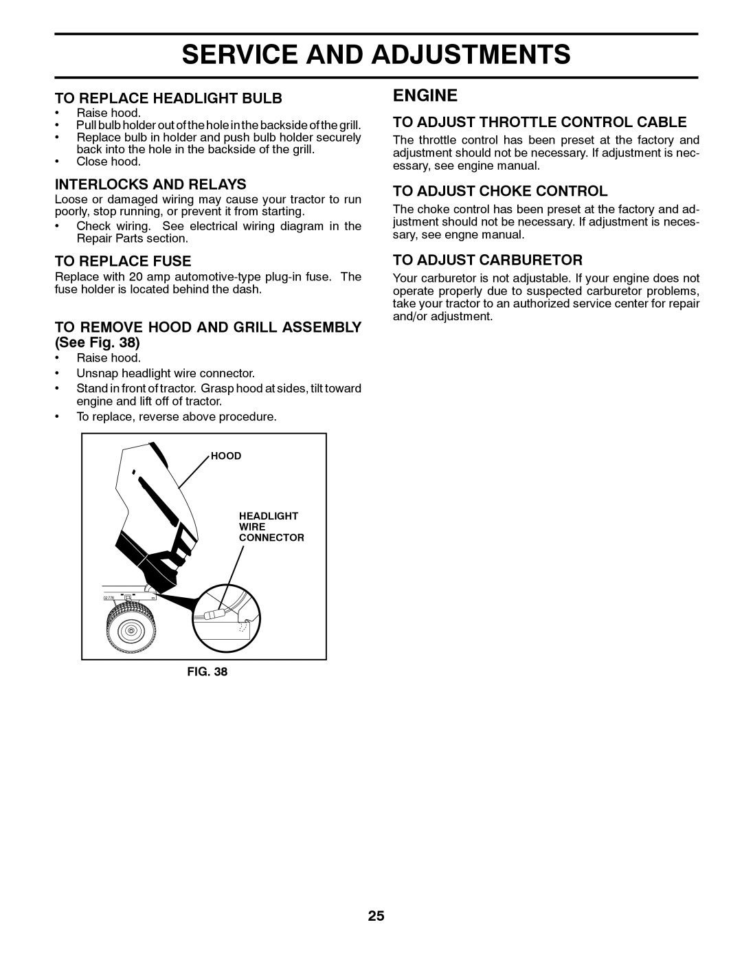 Husqvarna 96045000901 To Replace Headlight Bulb, Interlocks and Relays, To Replace Fuse, To Adjust Throttle Control Cable 