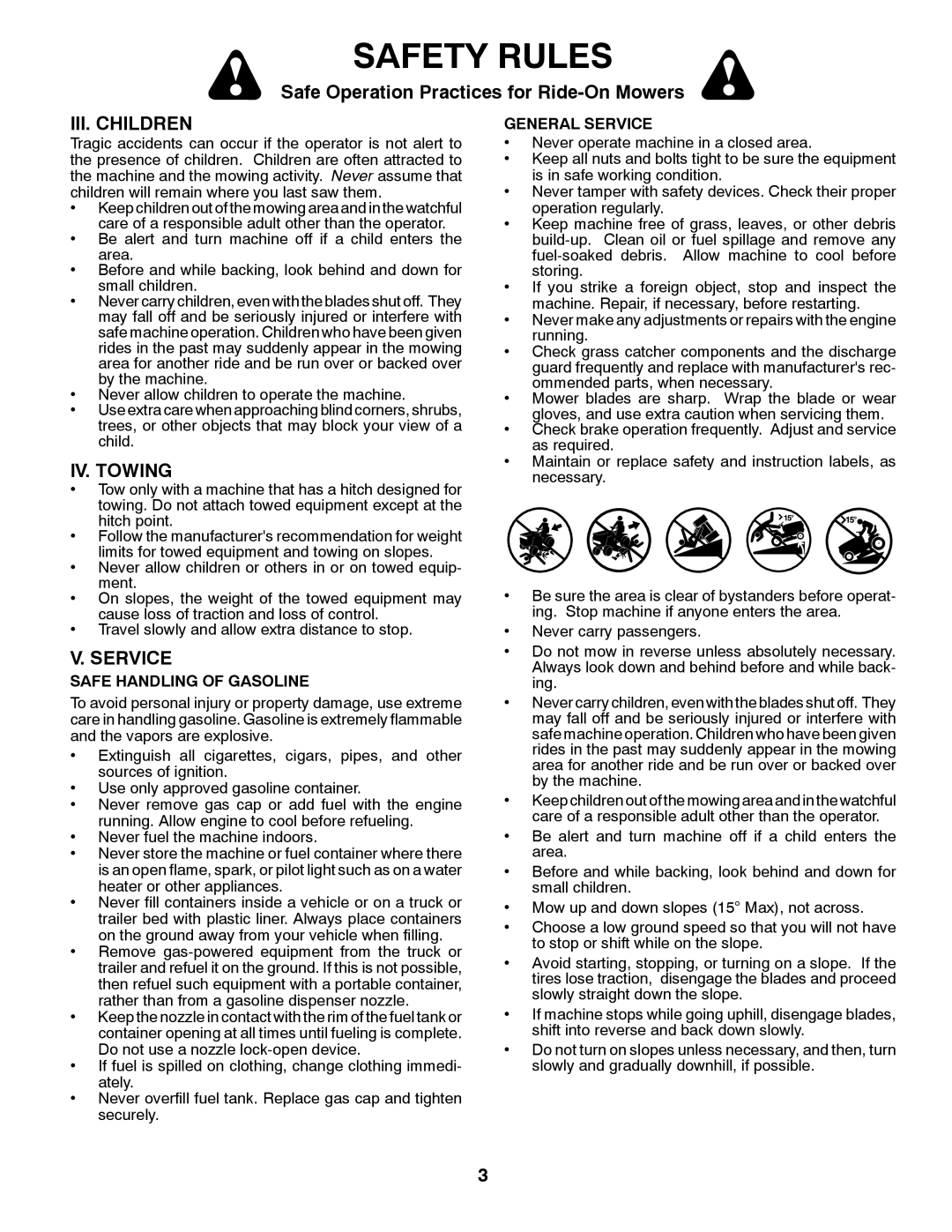 Husqvarna 96045000901 owner manual III. Children, IV. Towing, Service 