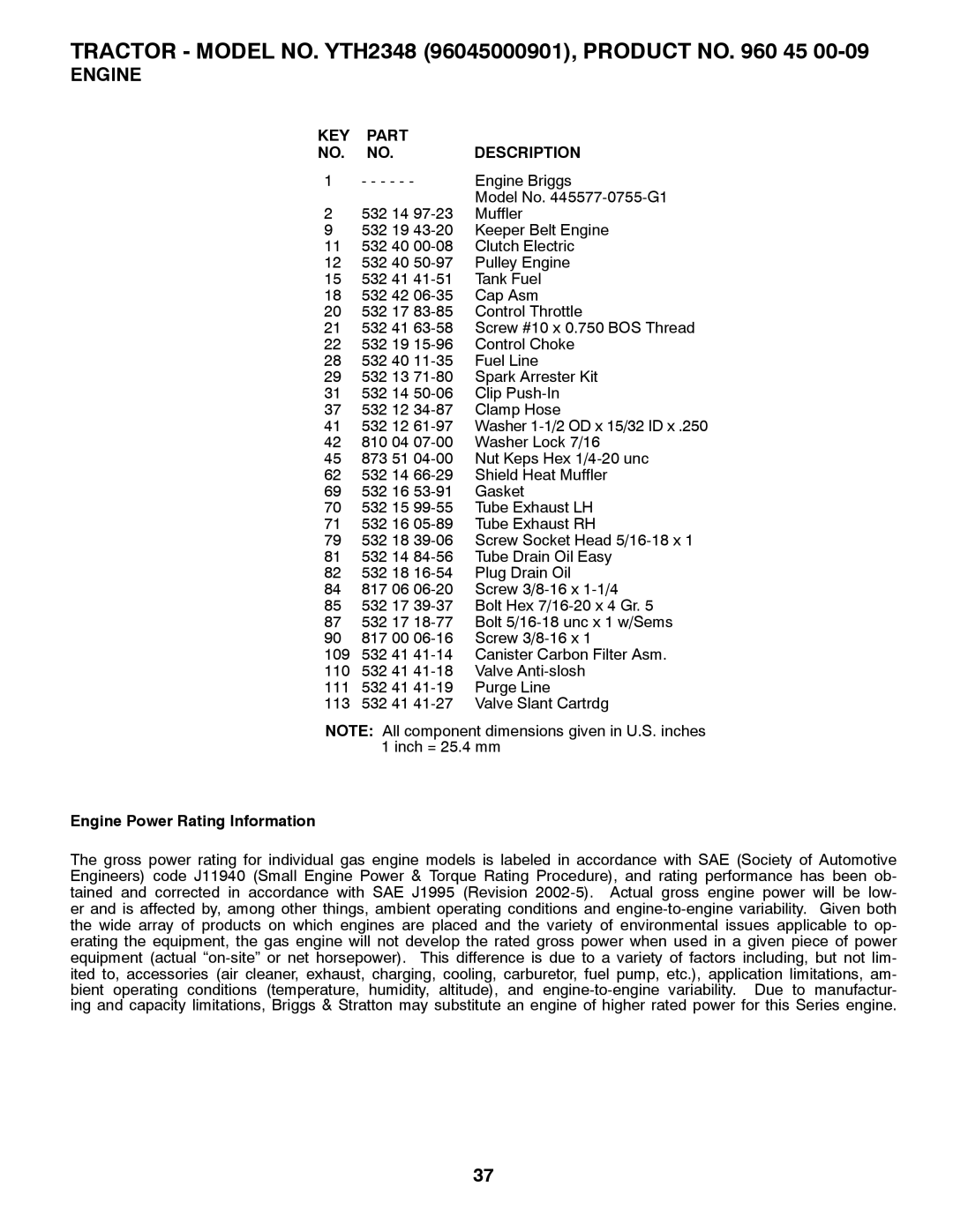 Husqvarna 96045000901 owner manual Engine Power Rating Information 