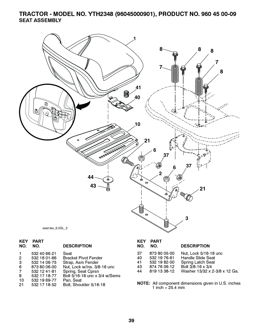 Husqvarna 96045000901 owner manual Seat Assembly, 532 40 Seat 