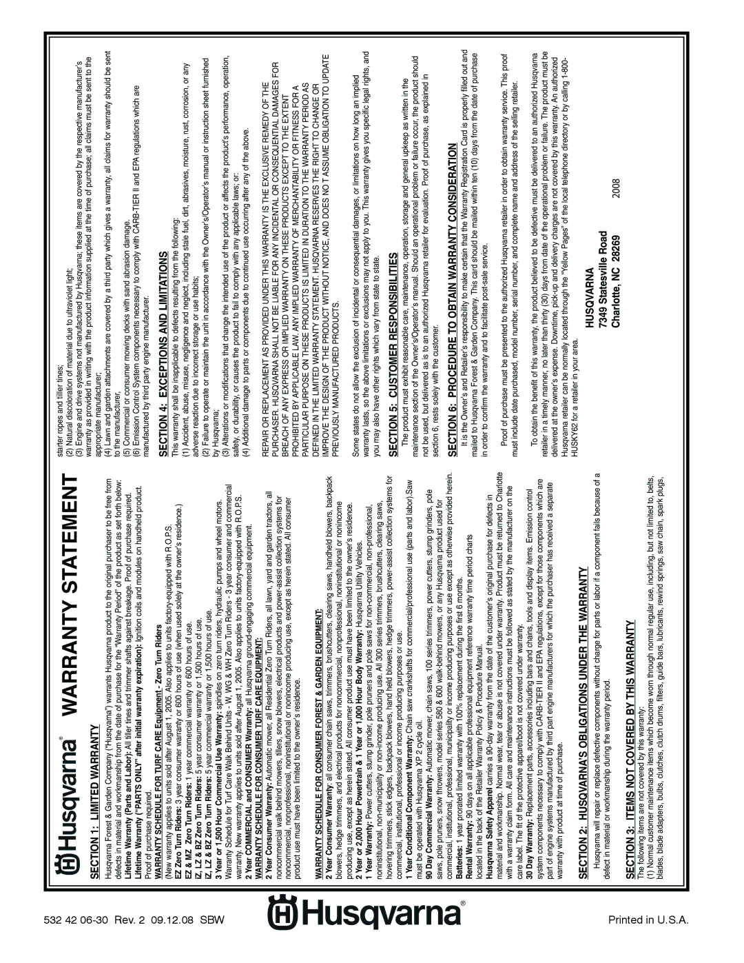 Husqvarna 96045000901 owner manual Warranty Statement 