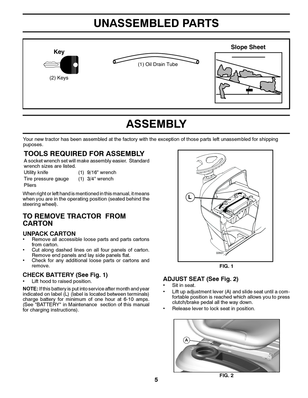 Husqvarna 96045000901 Unassembled Parts, Tools Required for Assembly, To Remove Tractor from Carton, Unpack Carton 