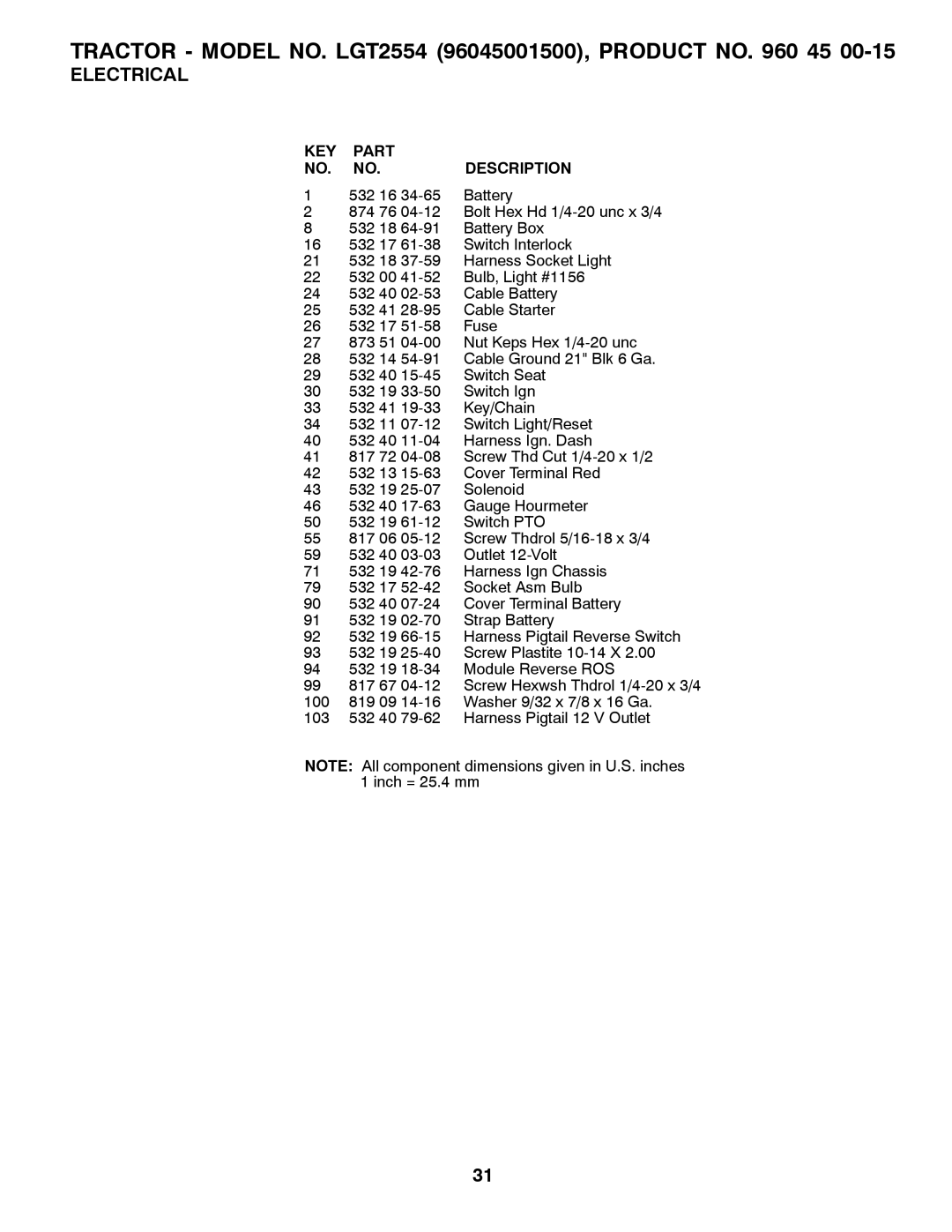 Husqvarna 531 30 96-85, 96045001500, LGT2554 owner manual KEY Part Description 