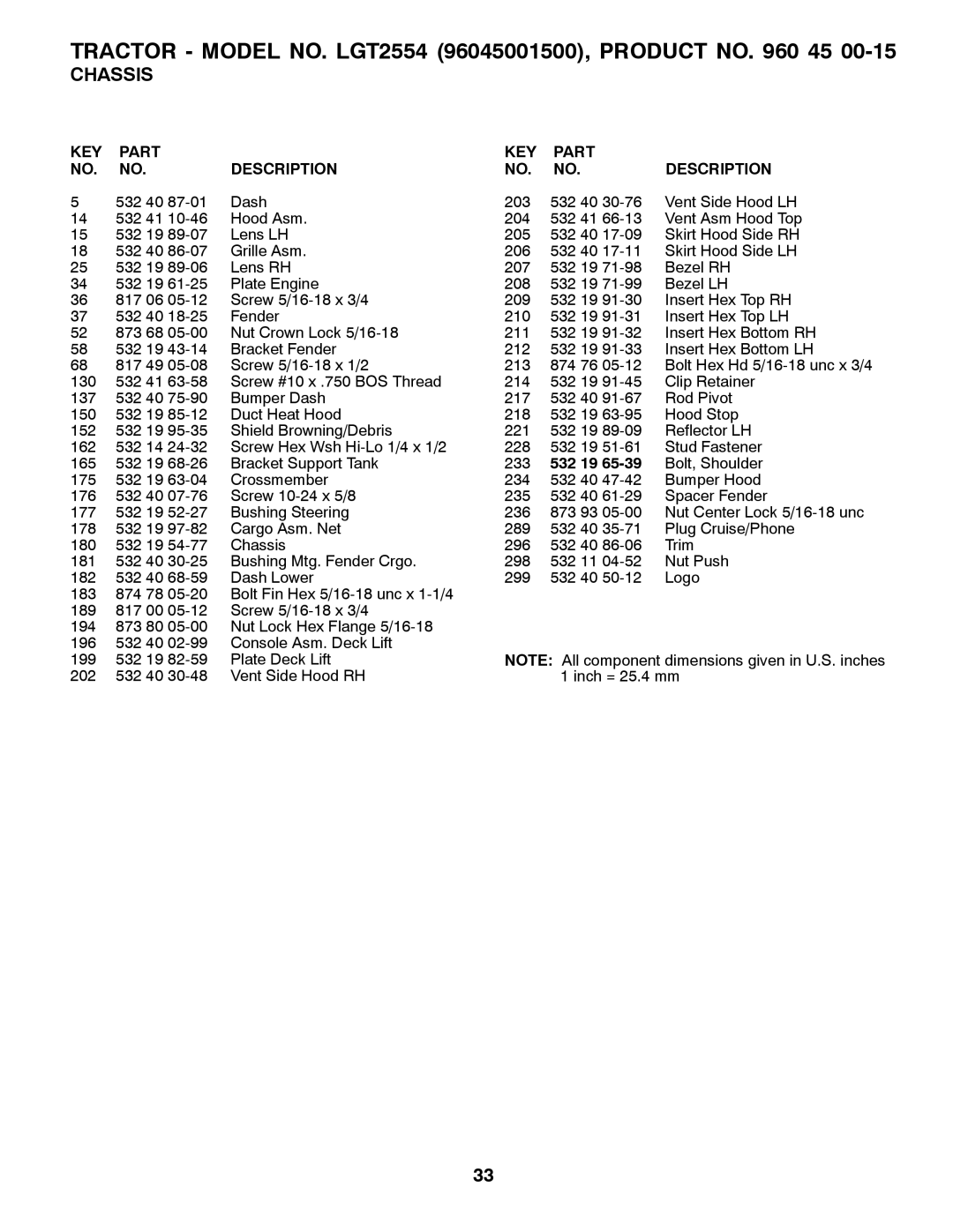 Husqvarna 96045001500, 531 30 96-85, LGT2554 owner manual Chassis, 532 19 