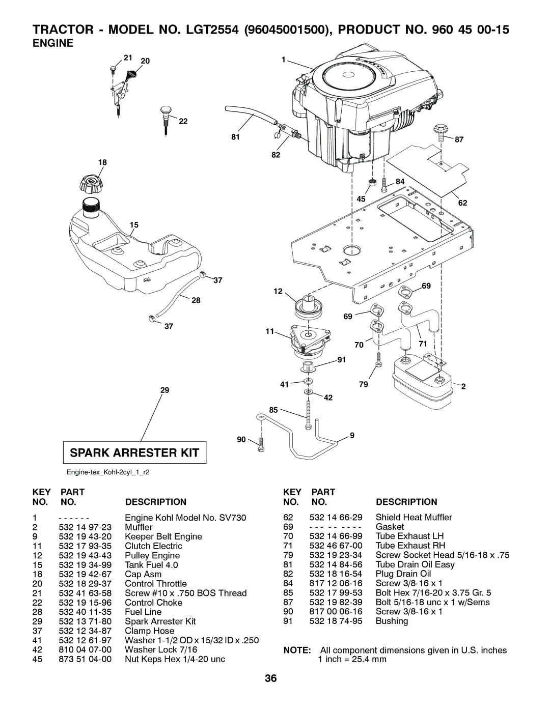 Husqvarna 96045001500, 531 30 96-85, LGT2554 owner manual Spark Arrester KIT, Engine 