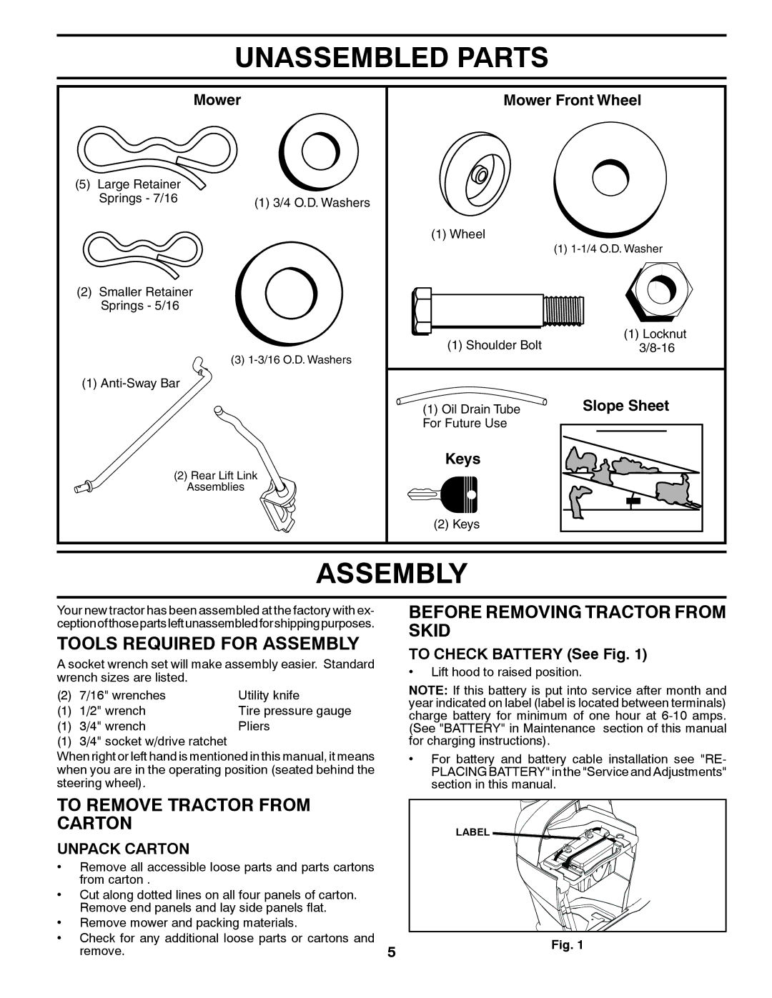 Husqvarna LGT2554, 96045001500 Unassembled Parts, Tools Required for Assembly, Before Removing Tractor from Skid 