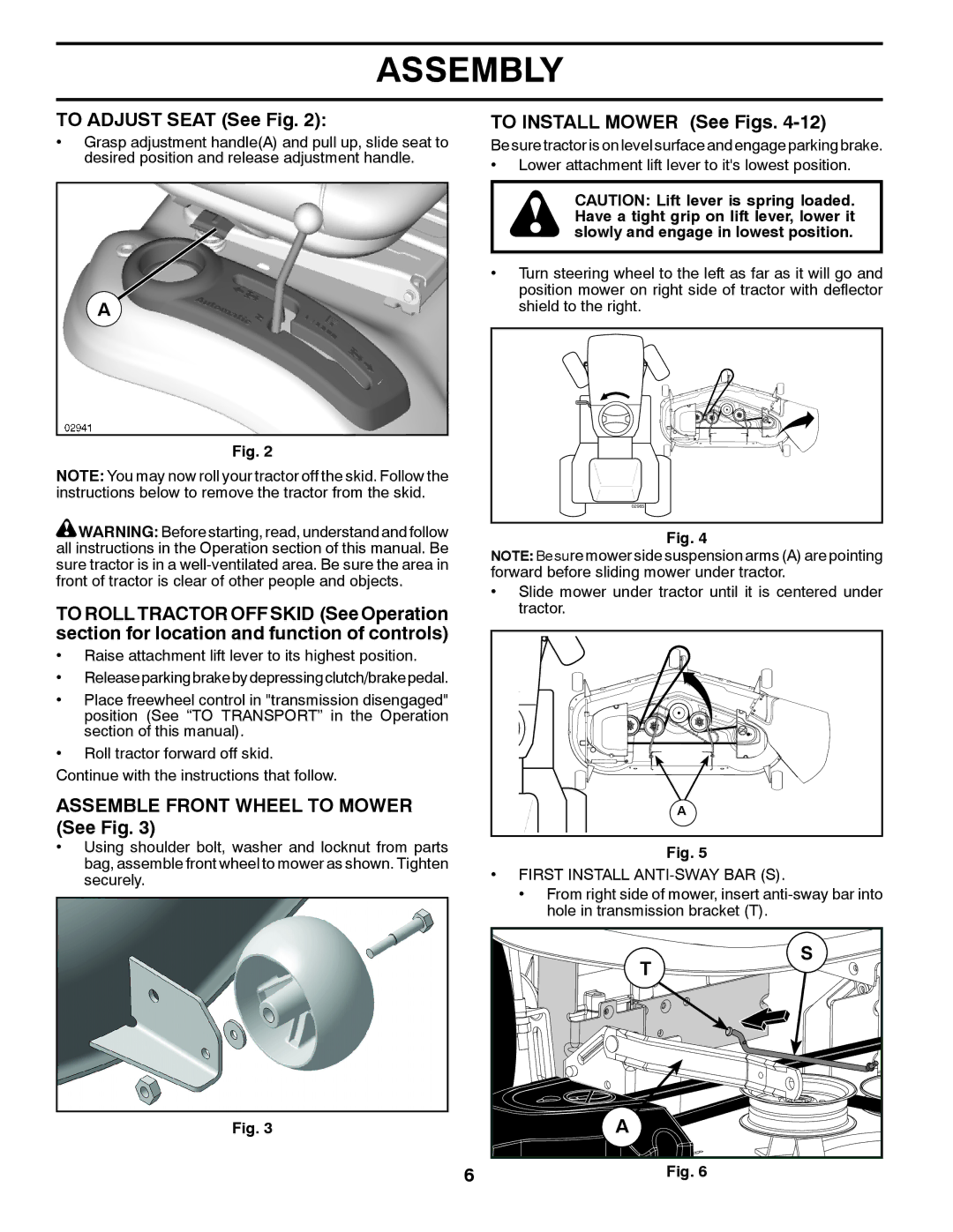 Husqvarna 96045001500, LGT2554 To Adjust Seat See Fig, To Install Mower See Figs, Assemble Front Wheel to Mower See Fig 