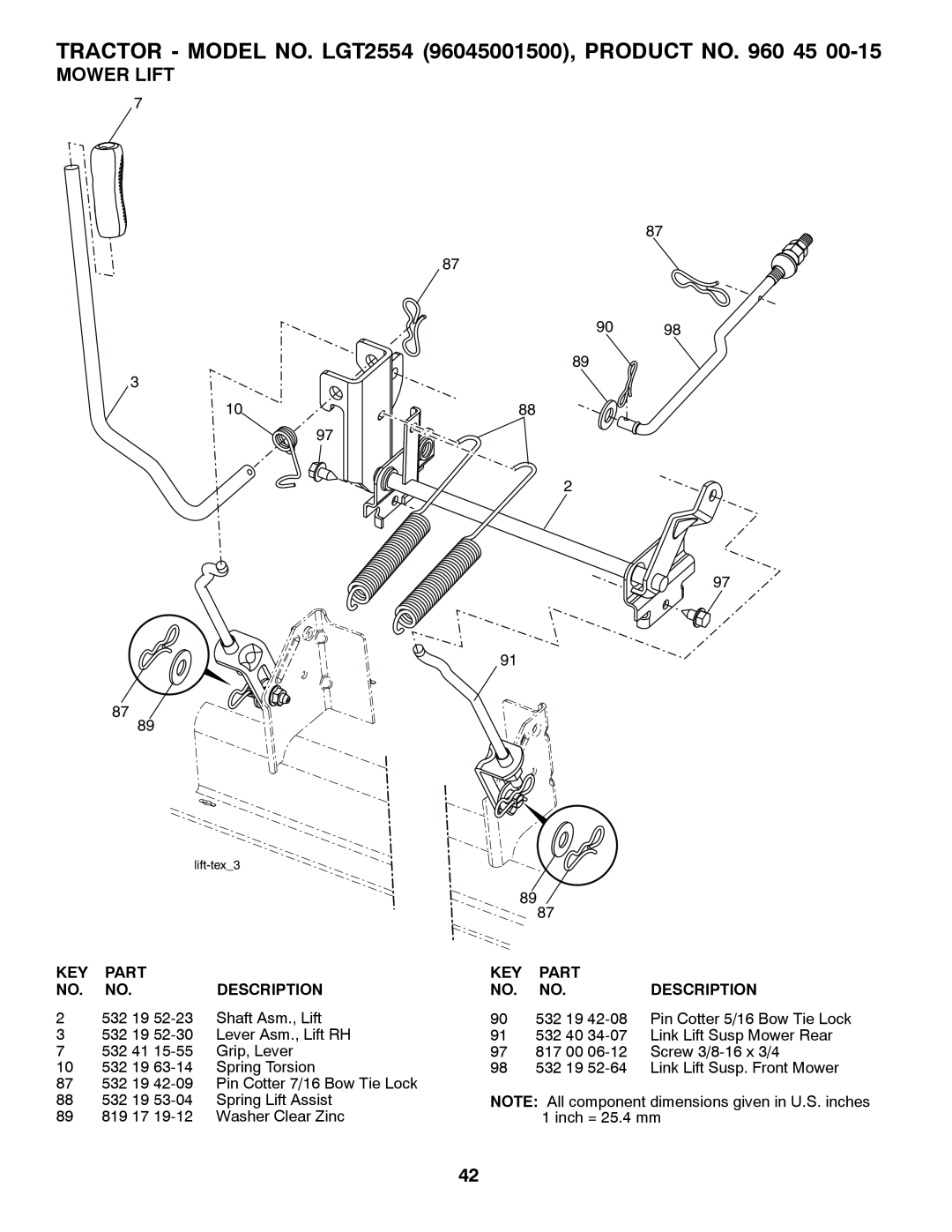 Husqvarna 531 30 96-85 owner manual Mower Lift, TRACTOR - MODEL NO. LGT2554 96045001500, PRODUCT NO, lift-tex3 
