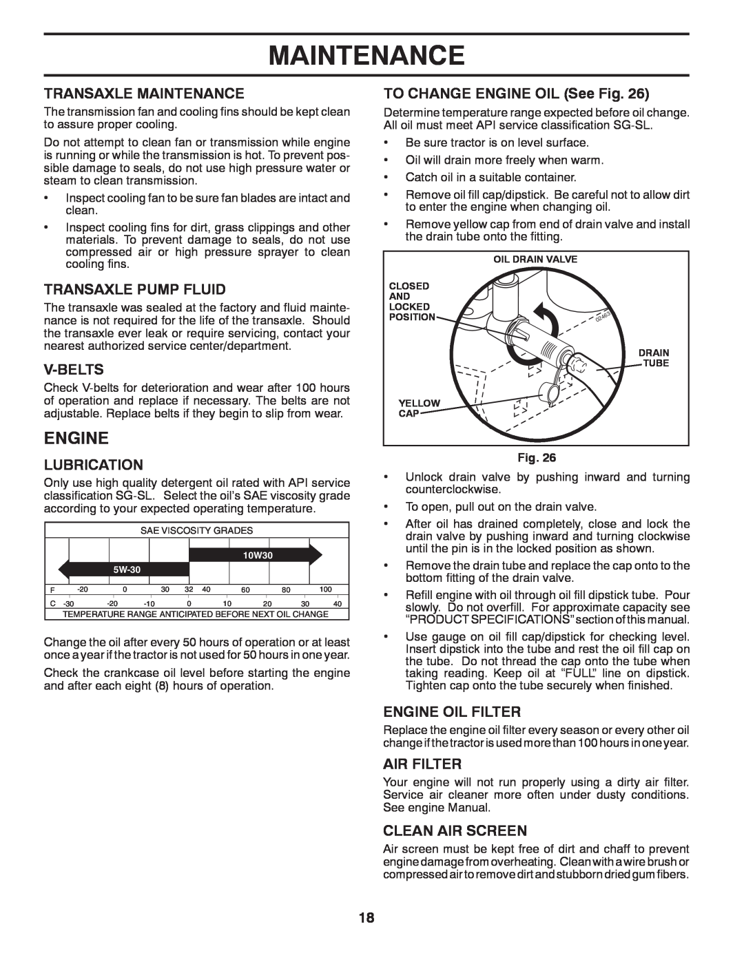 Husqvarna 96045001501 Transaxle Maintenance, Transaxle Pump Fluid, V-Belts, Lubrication, Engine Oil Filter, Air Filter 