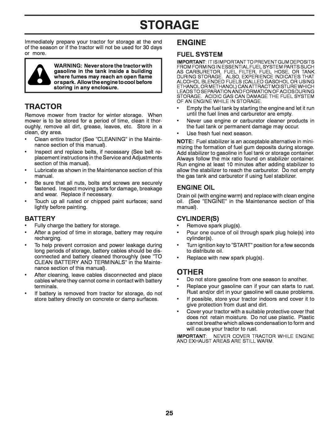 Husqvarna 532 42 89-49, 96045001501 owner manual Storage, Other, Fuel System, Engine Oil, Cylinders, Tractor, Battery 