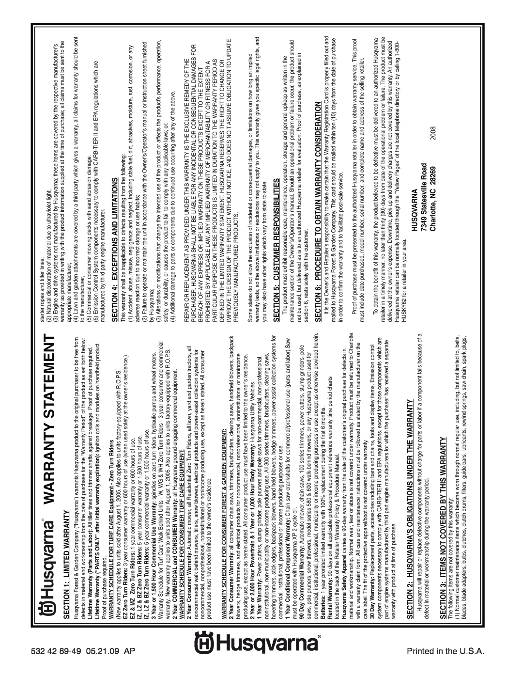 Husqvarna 532 42 89-49 Warranty Statement, Limited Warranty, Husqvarna’S Obligations Under The Warranty, Statesville Road 