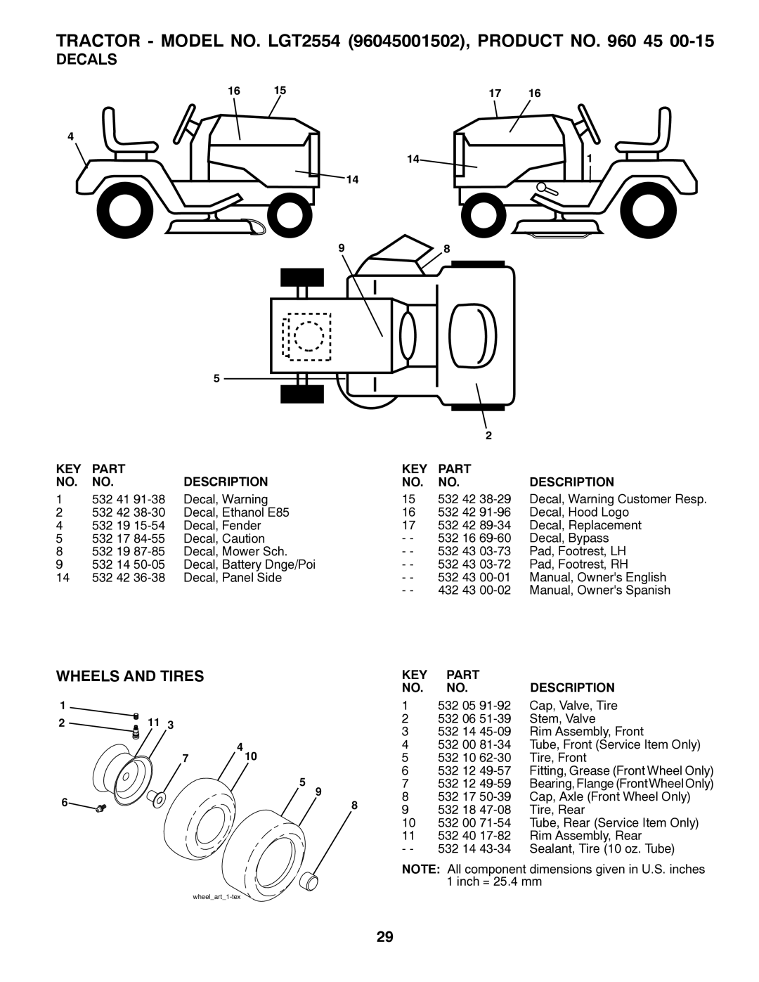 Husqvarna 532 43 00-01, 96045001502 owner manual Decals, Wheels and Tires, KEY Part Description 