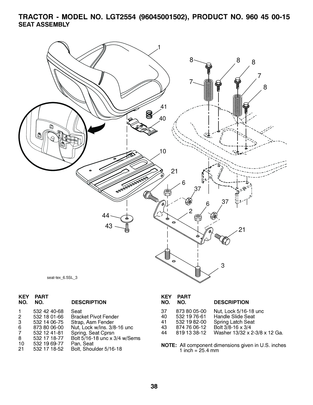 Husqvarna 96045001502, 532 43 00-01 owner manual Seat Assembly, 532 42 Seat 