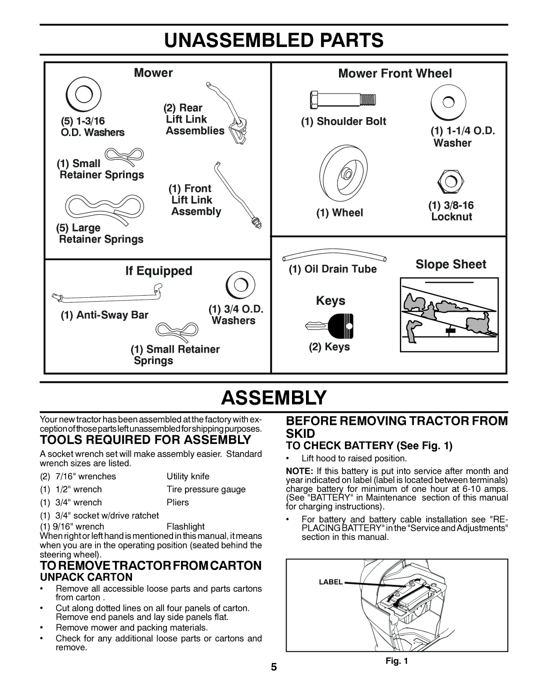 Husqvarna 532 43 00-01, 96045001502 Unassembled Parts, Tools Required for Assembly, Toremovetractorfromcarton 