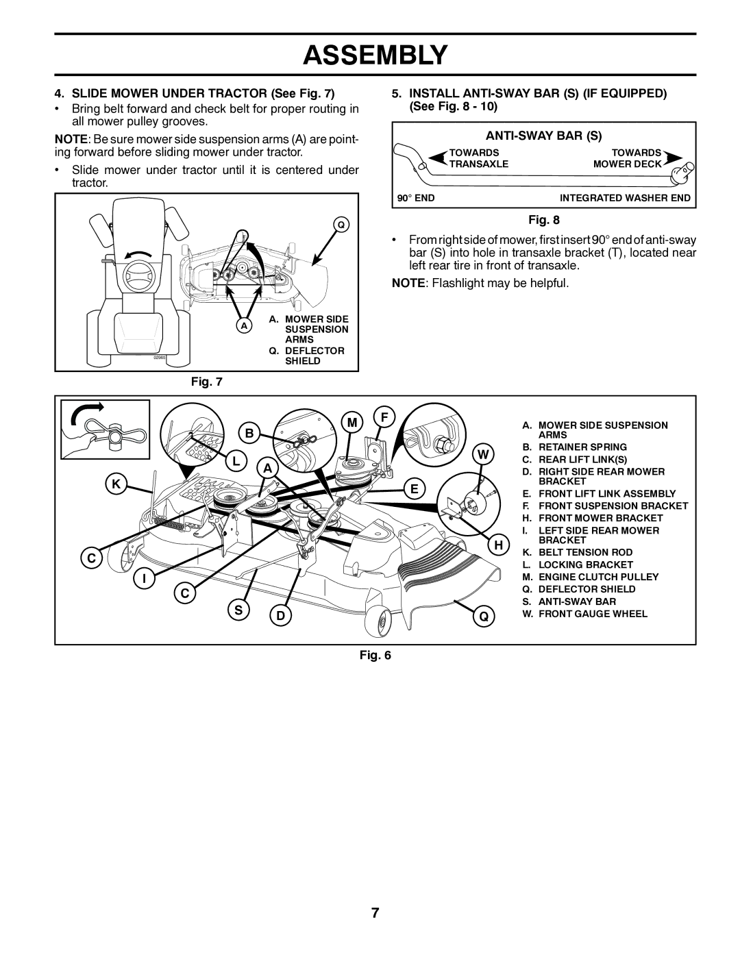 Husqvarna 532 43 00-01 Slide Mower Under Tractor See Fig, Install ANTI-SWAY BAR S if Equipped See, Anti-Sway Bar S 