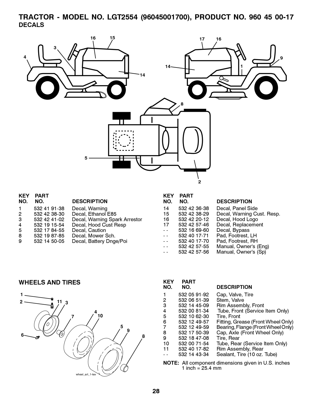 Husqvarna 532 42 57-55, 96045001700, 03002 owner manual Decals, Wheels and Tires, KEY Part Description 