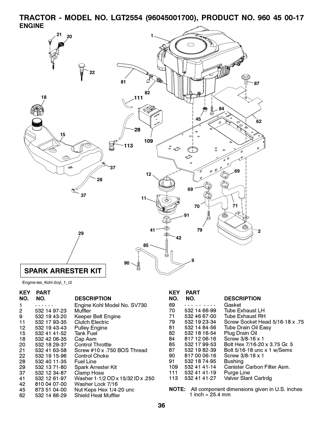 Husqvarna 96045001700, 532 42 57-55, 03002 owner manual Engine, 111 113 109, Gasket 