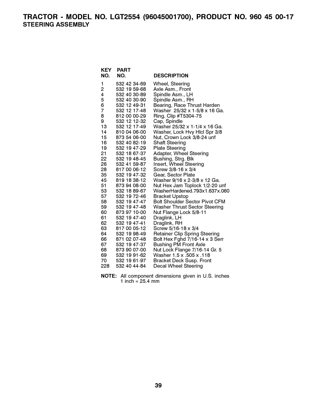 Husqvarna 96045001700, 532 42 57-55, 03002 owner manual 532 42 Wheel, Steering 532 19 