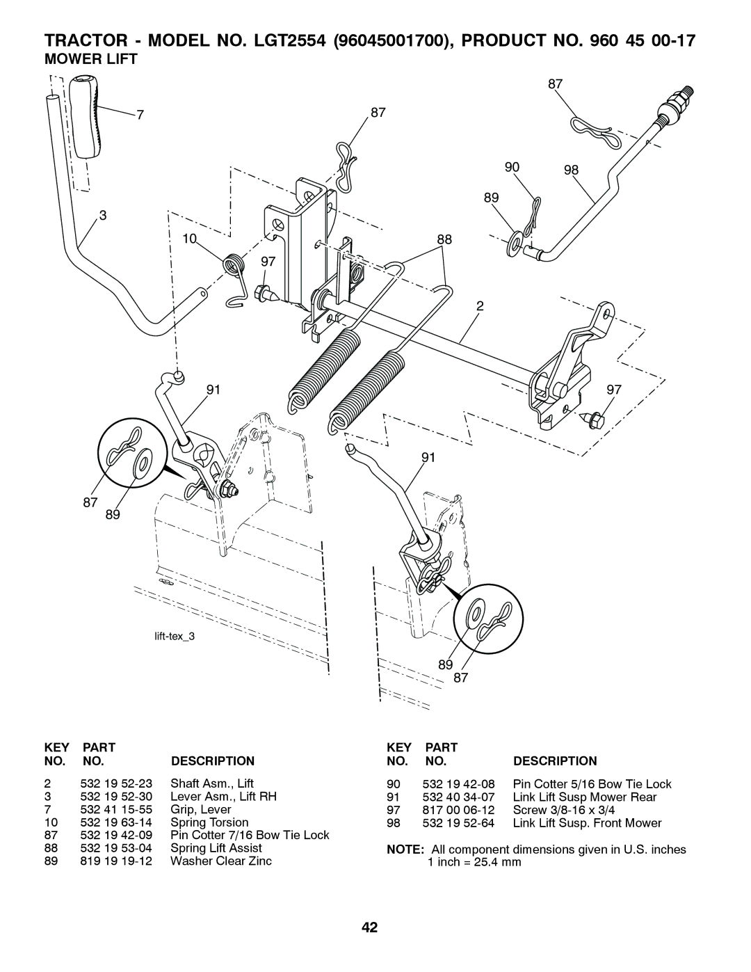 Husqvarna 96045001700, 532 42 57-55, 03002 owner manual Mower Lift 