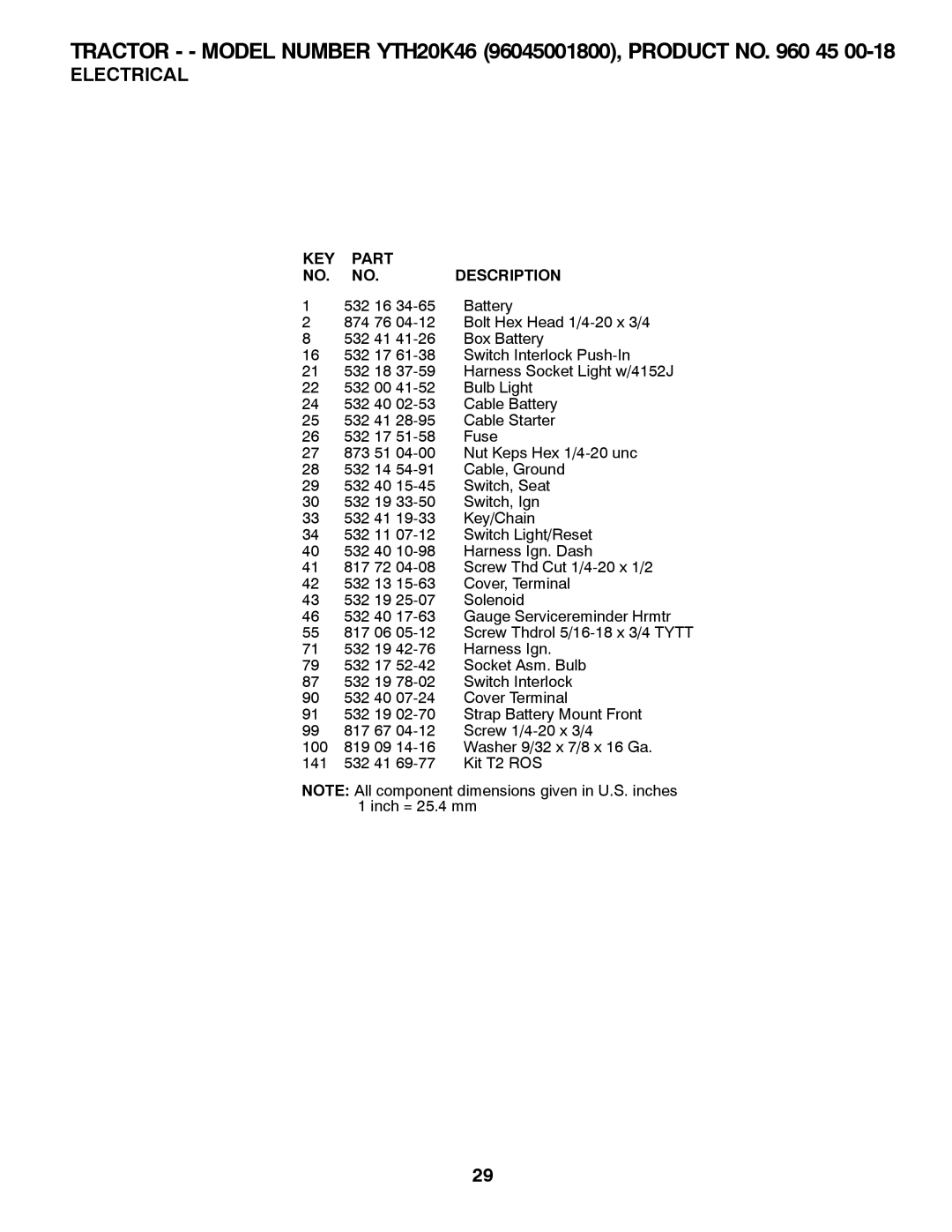 Husqvarna 532 42 57-62, 96045001800 owner manual KEY Part Description 