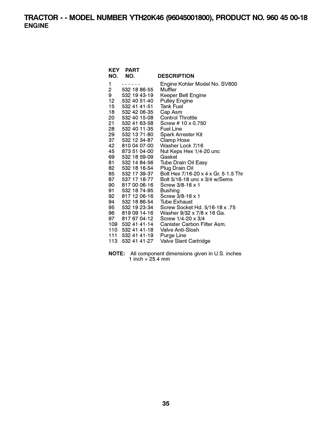 Husqvarna 532 42 57-62, 96045001800 owner manual Engine Kohler Model No. SV600 