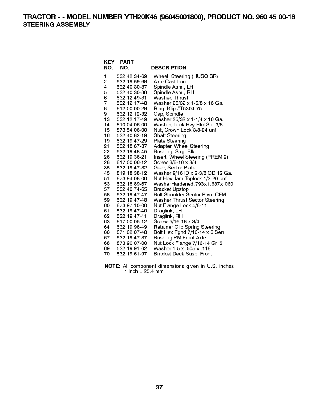 Husqvarna 532 42 57-62 owner manual Tractor - Model Number YTH20K46 96045001800, Product no 45 