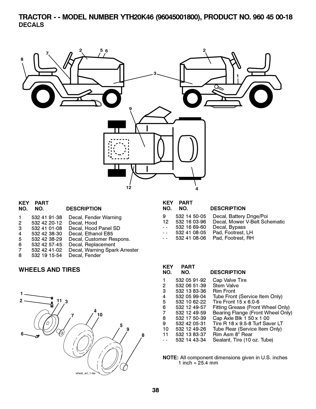 Husqvarna 96045001800, 532 42 57-62 owner manual Decals, Wheels and Tires 