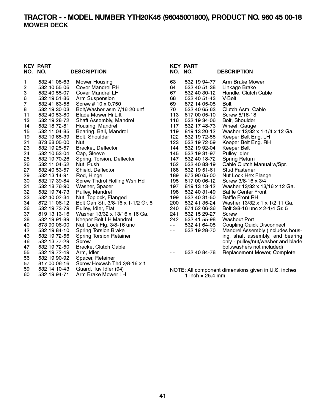 Husqvarna 532 42 57-62, 96045001800 owner manual KEY Part NO. no Description 