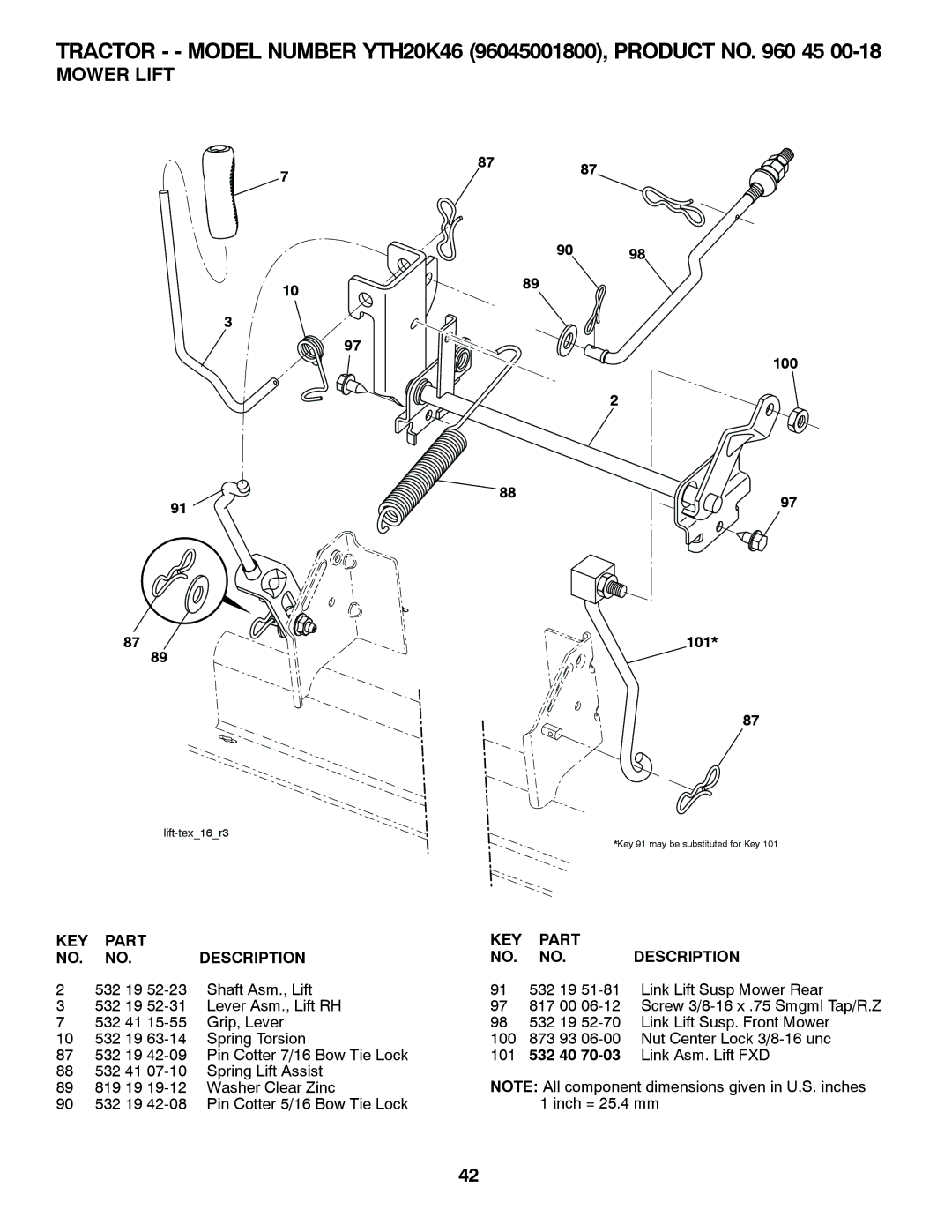 Husqvarna 96045001800, 532 42 57-62 owner manual Mower Lift, KEY Part Description 