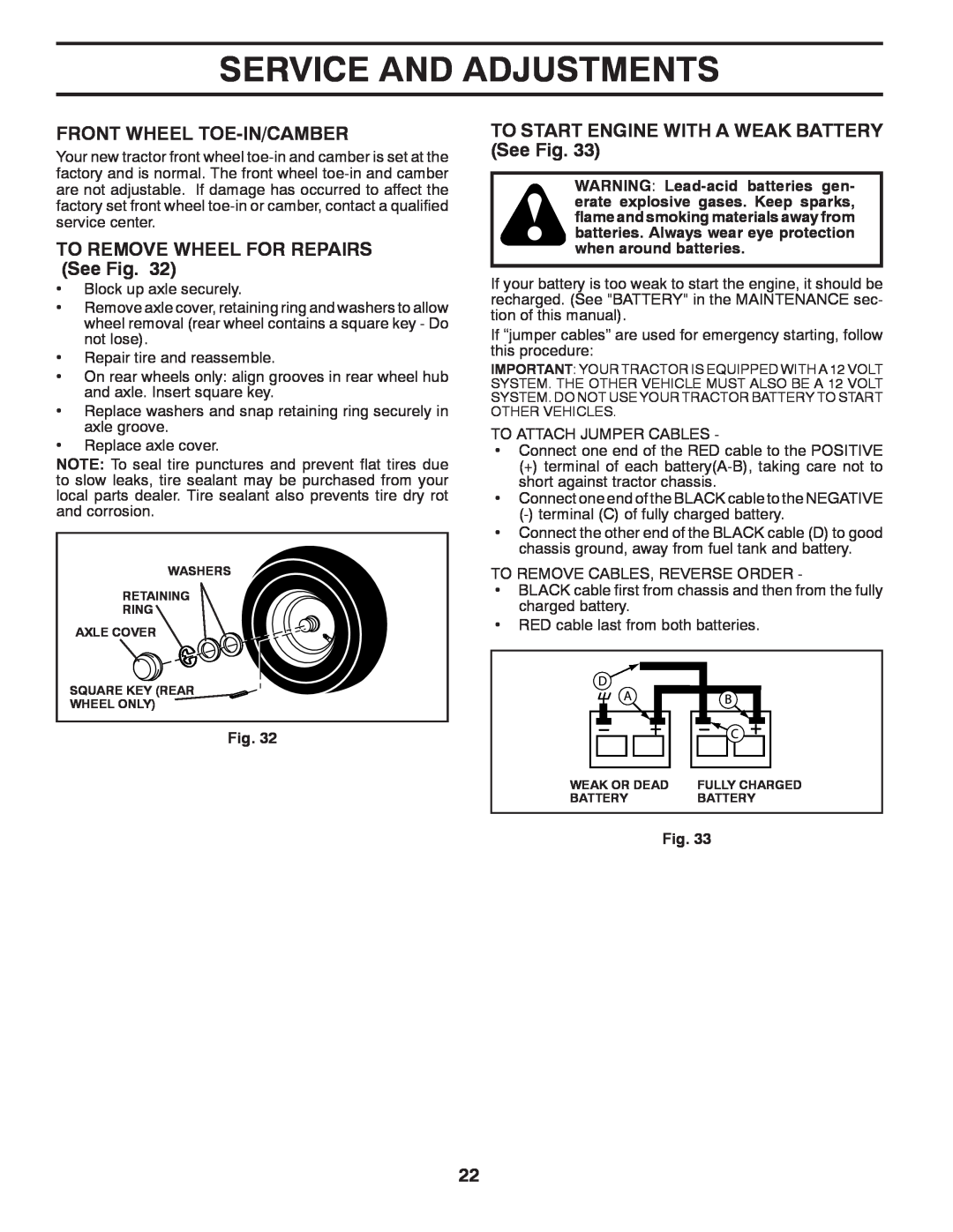 Husqvarna 96045001800 owner manual Front Wheel Toe-In/Camber, TO REMOVE WHEEL FOR REPAIRS See Fig, Service And Adjustments 