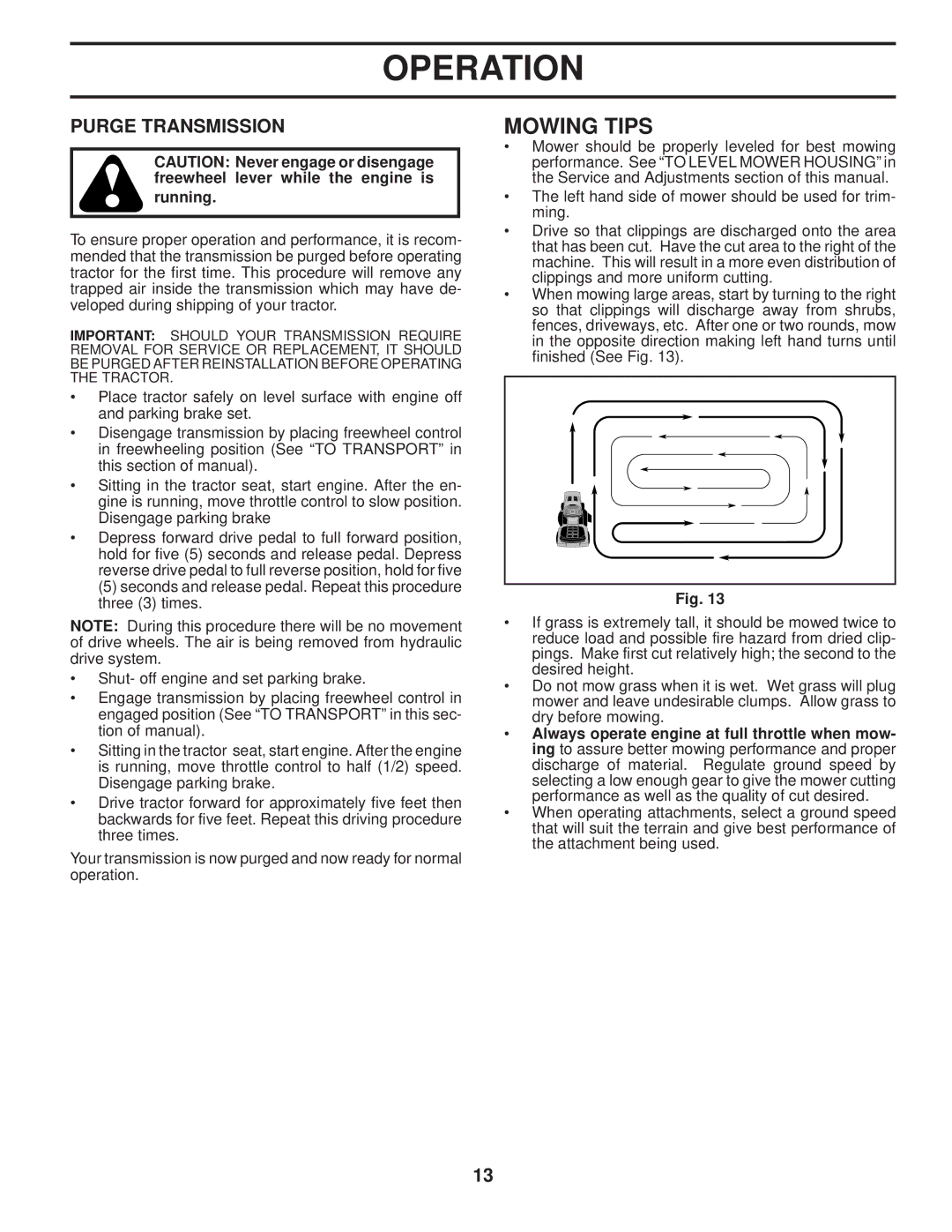 Husqvarna 96045001900 owner manual Mowing Tips, Purge Transmission 