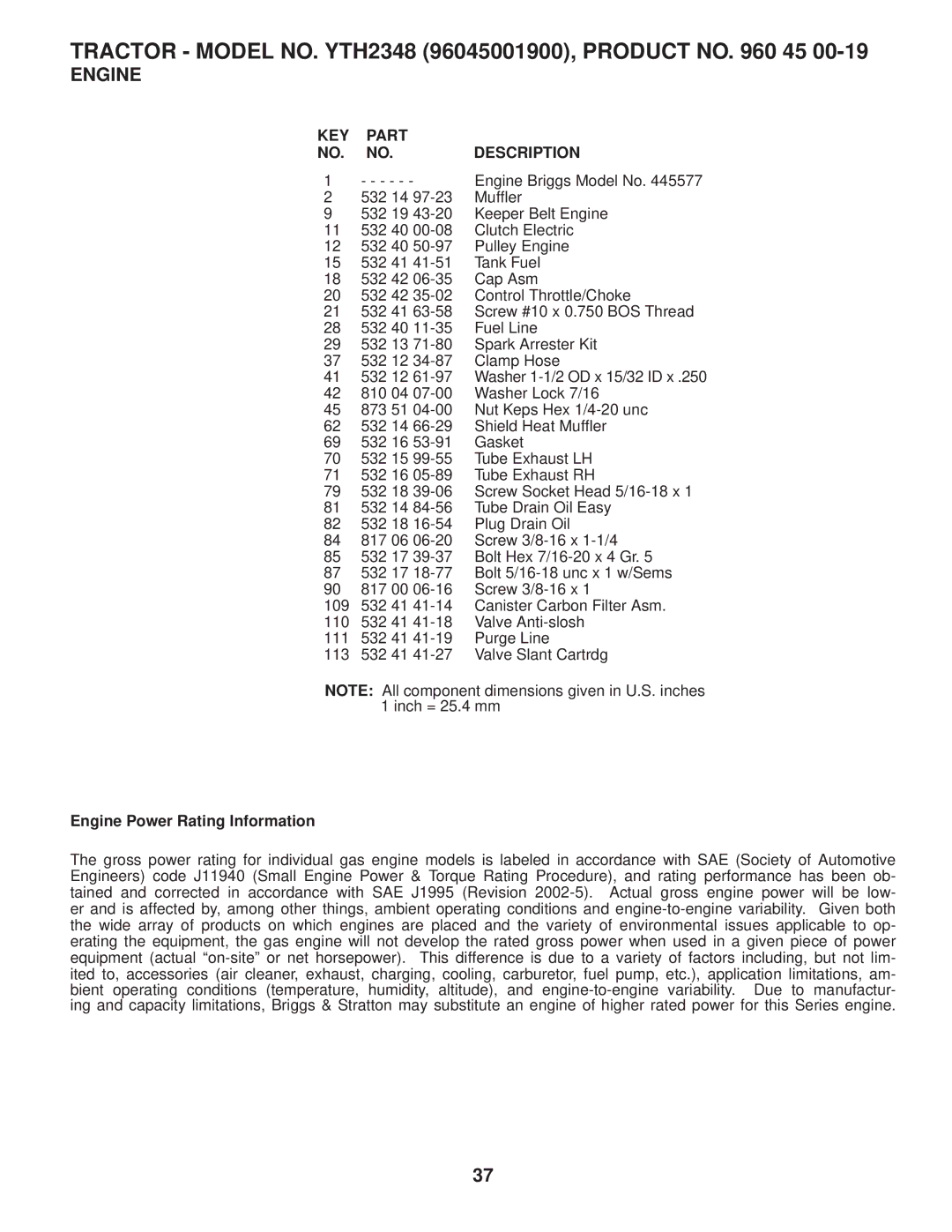 Husqvarna 96045001900 owner manual Engine Power Rating Information 