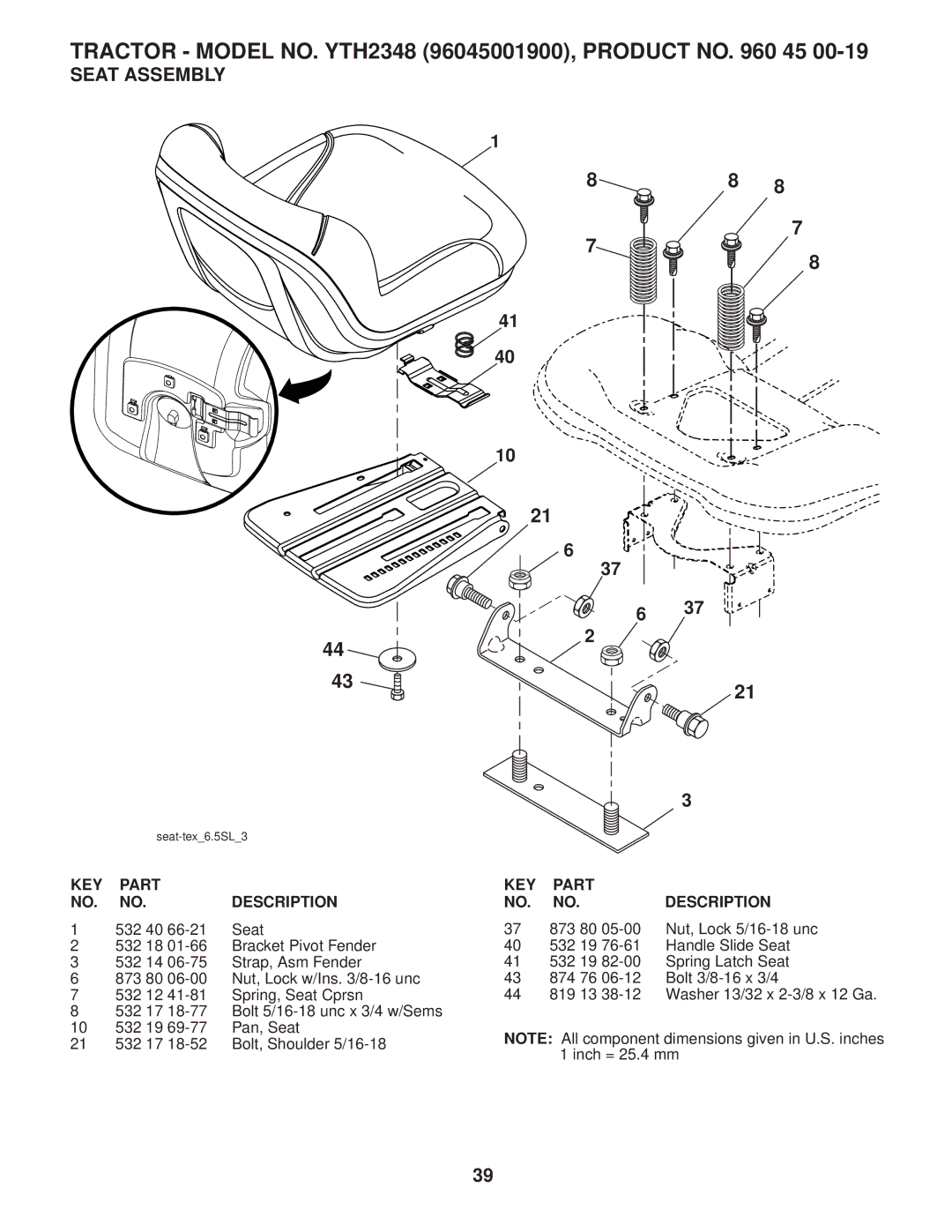 Husqvarna 96045001900 owner manual Seat Assembly, 532 40 Seat 