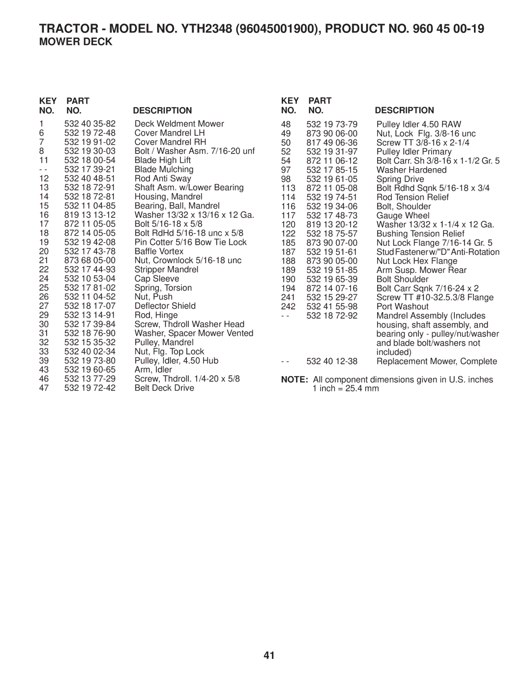 Husqvarna 96045001900 owner manual 532 40 Deck Weldment Mower 