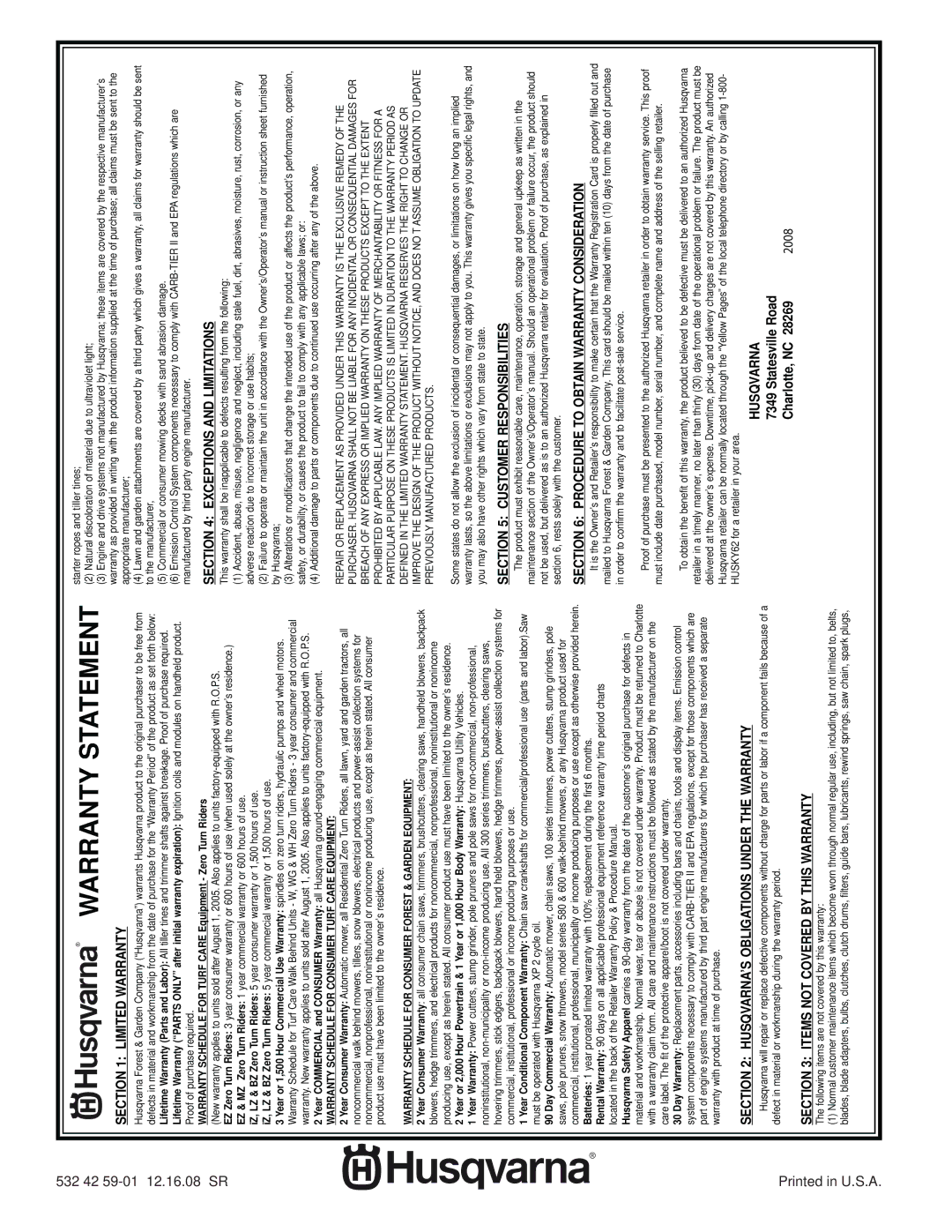 Husqvarna 96045001900 owner manual Warranty Statement 