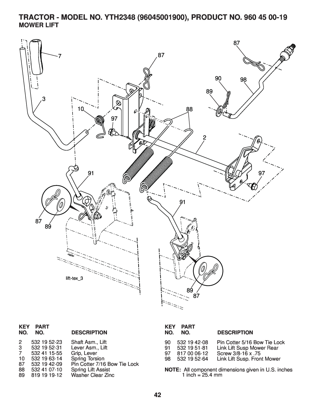 Husqvarna owner manual Mower Lift, TRACTOR - MODEL NO. YTH2348 96045001900, PRODUCT NO. 960, lift-tex3 