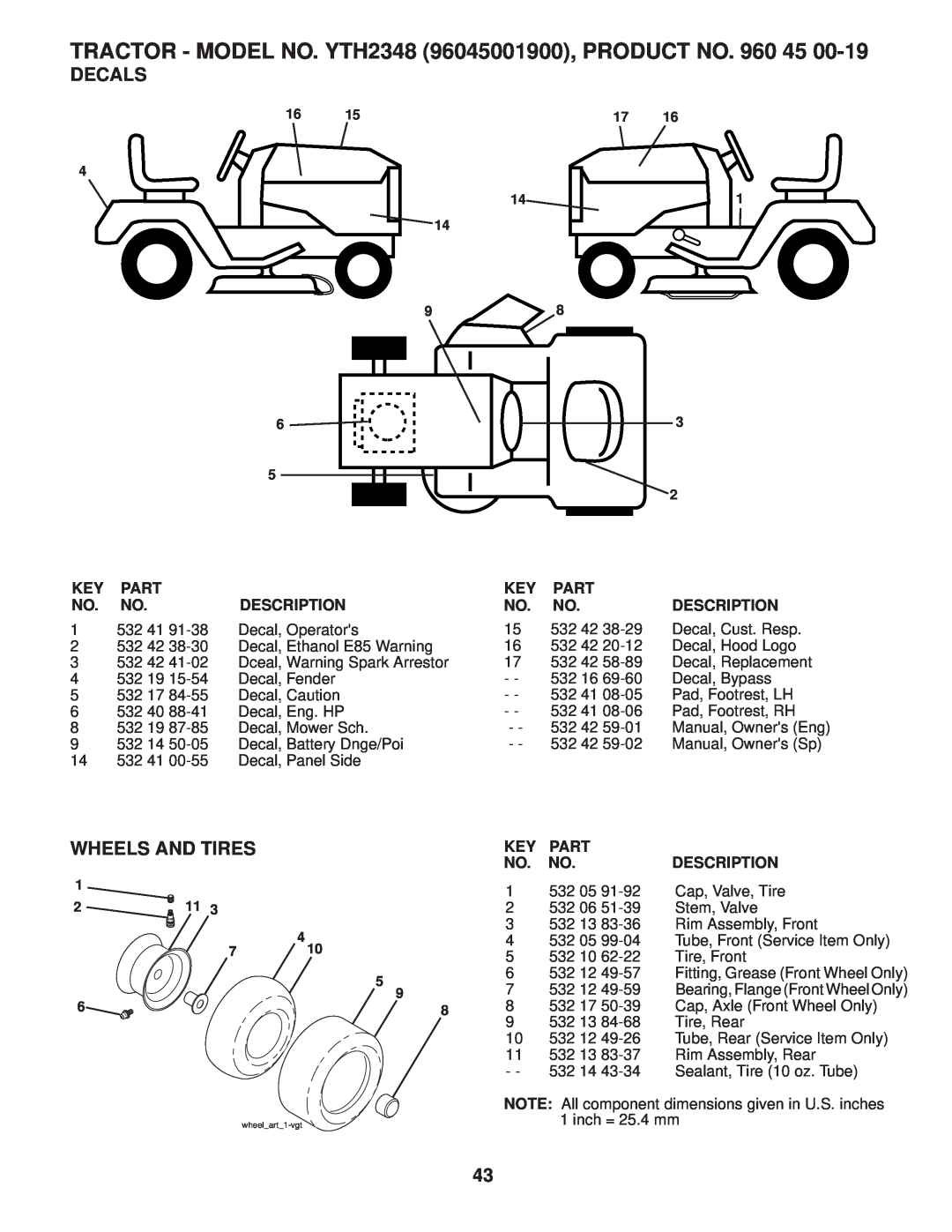 Husqvarna owner manual Decals, Wheels And Tires, TRACTOR - MODEL NO. YTH2348 96045001900, PRODUCT NO 