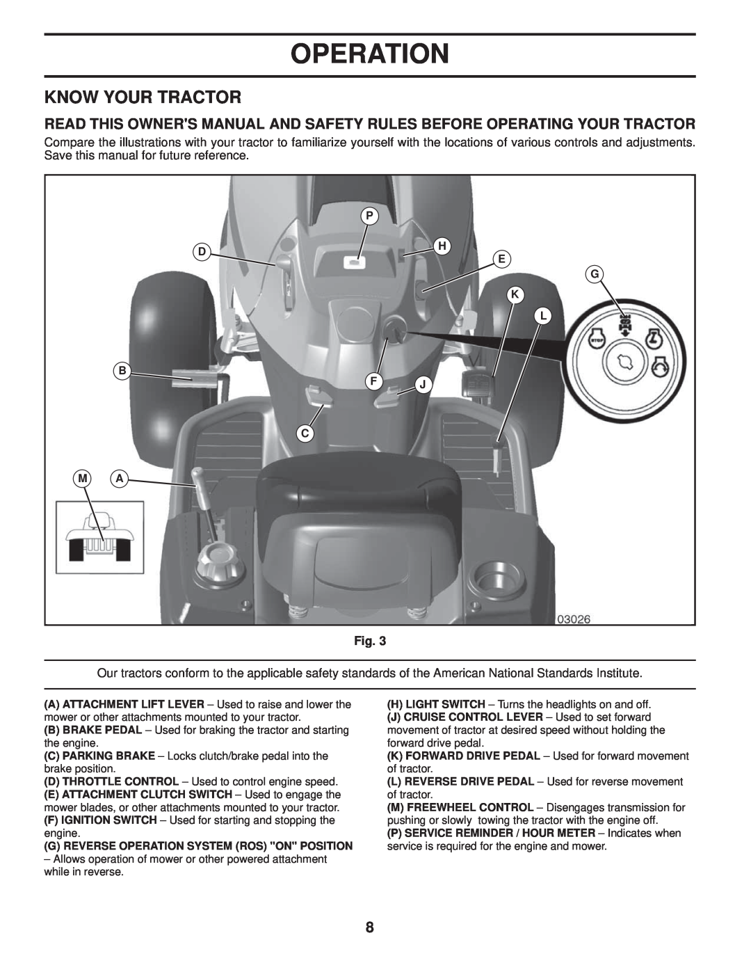 Husqvarna 96045001900 owner manual Know Your Tractor, P Dh E, G K L F J, G Reverse Operation System Ros On Position 