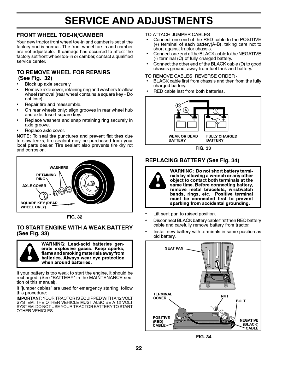 Husqvarna 96045002101 Front Wheel TOE-IN/CAMBER, To Remove Wheel for Repairs See Fig, Replacing Battery See Fig 