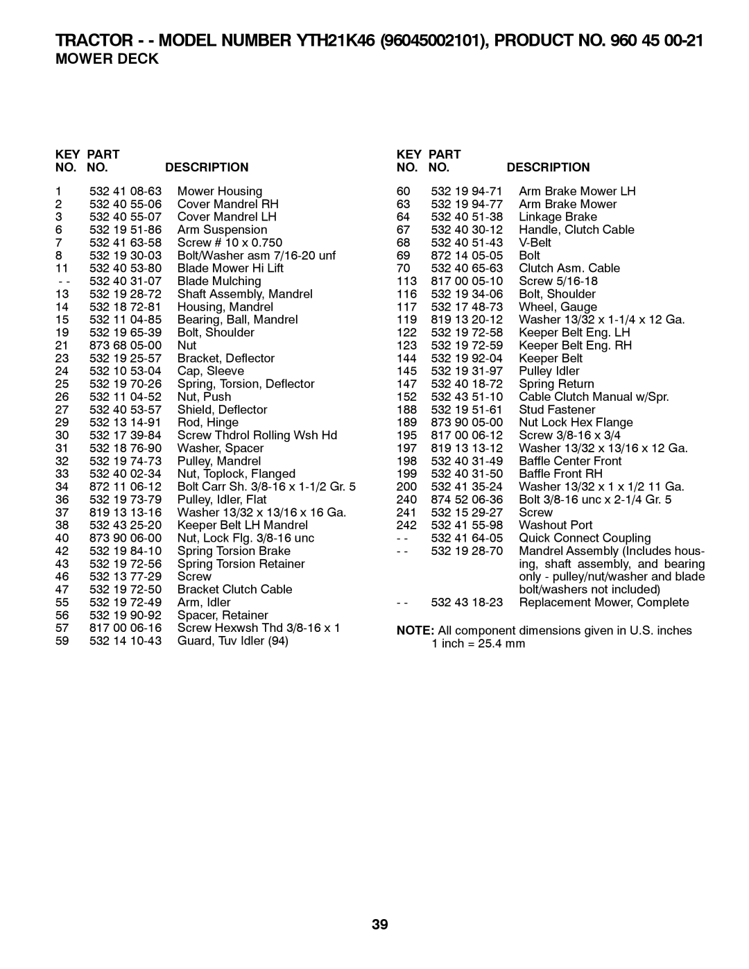 Husqvarna 532 43 70-40, 96045002101 owner manual KEY Part NO. no Description 