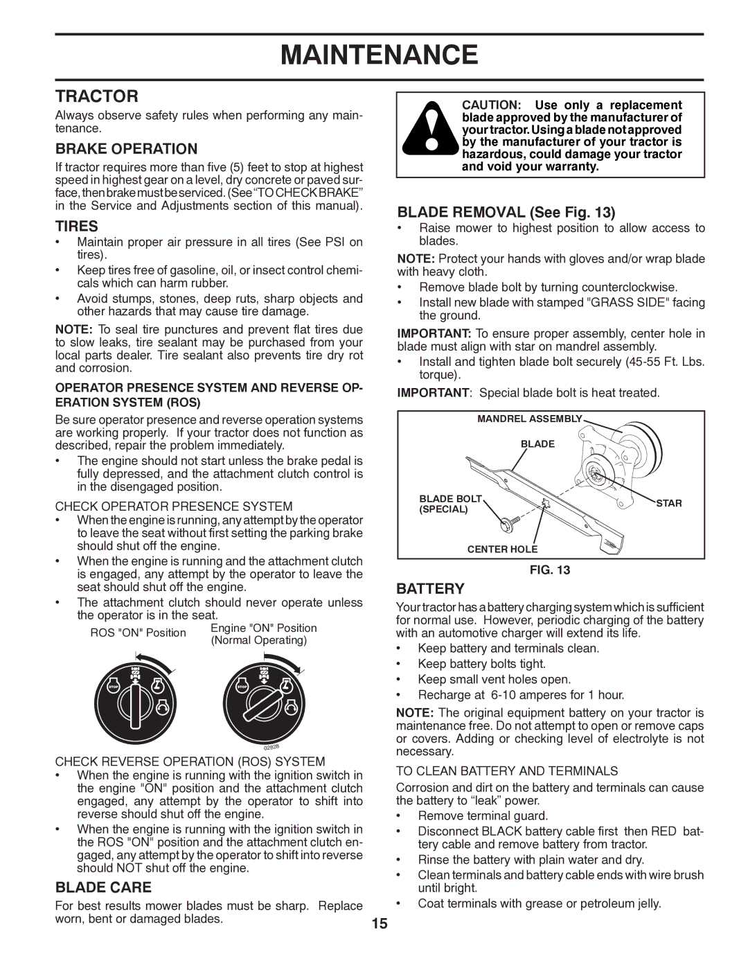 Husqvarna 532 43 00-03, 96045002200 owner manual Tractor, Brake Operation, Tires, Blade Care, Battery 