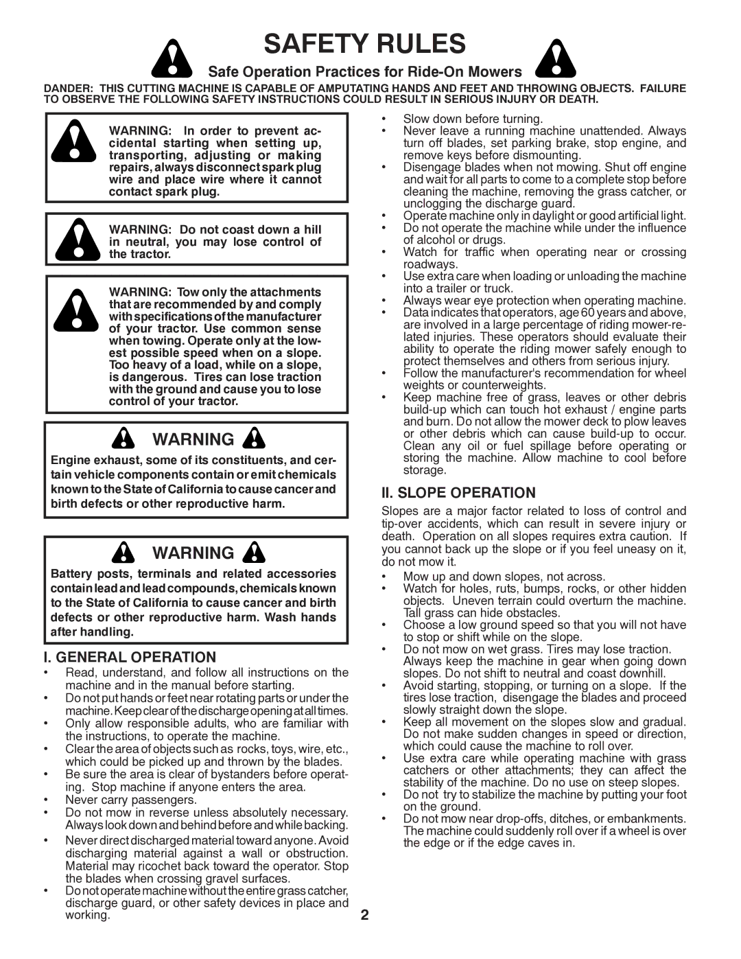 Husqvarna 96045002200 Safety Rules, Safe Operation Practices for Ride-On Mowers, General Operation, II. Slope Operation 