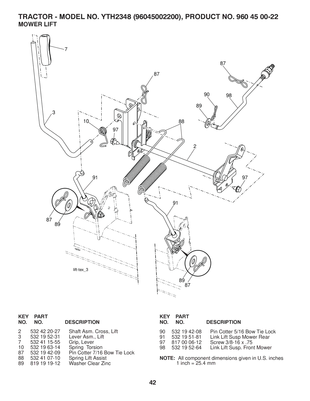 Husqvarna 96045002200, 532 43 00-03 owner manual Mower Lift, KEY Part Description 