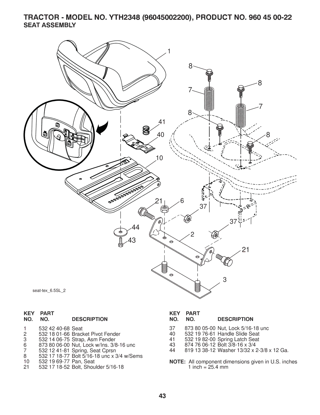 Husqvarna 532 43 00-03, 96045002200 owner manual Seat Assembly 