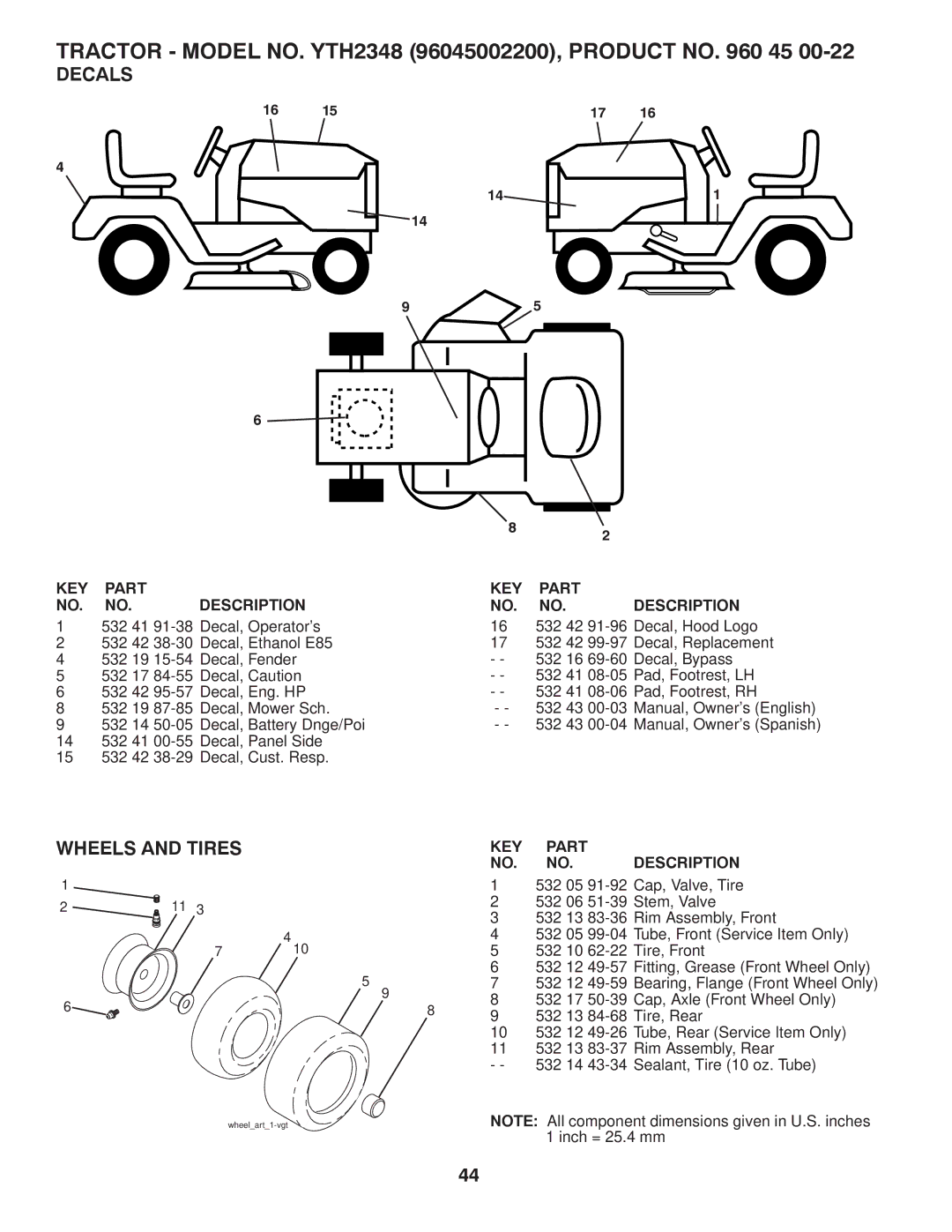 Husqvarna 96045002200, 532 43 00-03 owner manual Decals, Wheels and Tires 