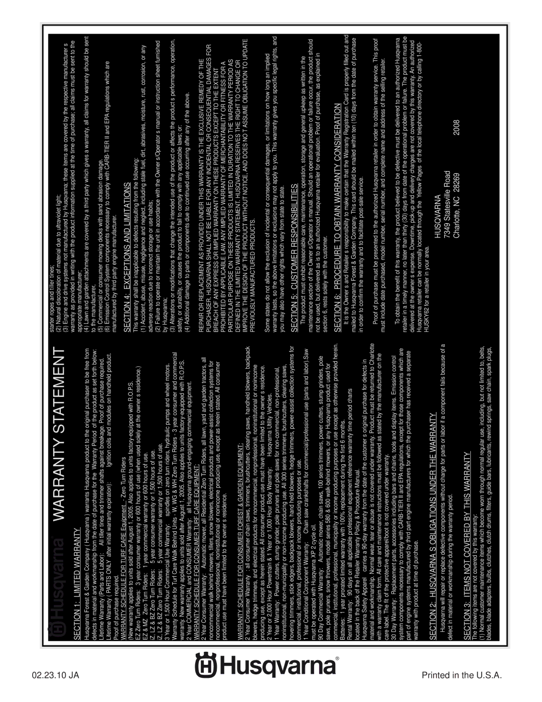 Husqvarna 96045002200, 532 43 00-03 owner manual Warranty Statement 