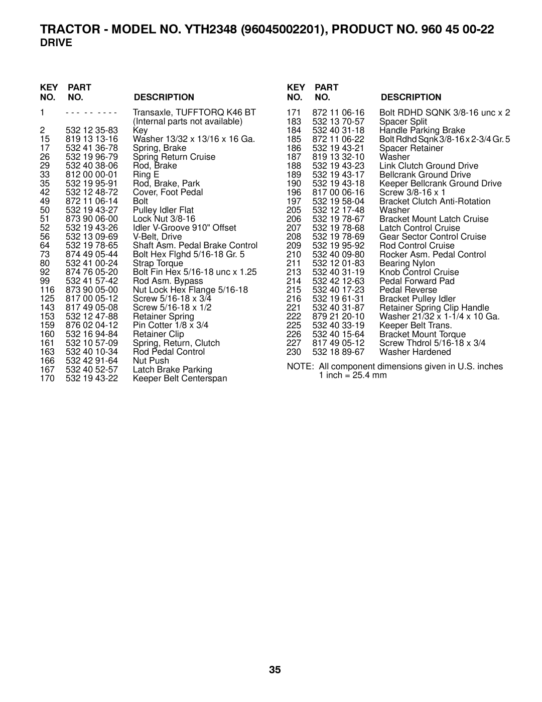 Husqvarna 532 43 62-68 owner manual Tractor Model NO. YTH2348 96045002201, Product no 45 