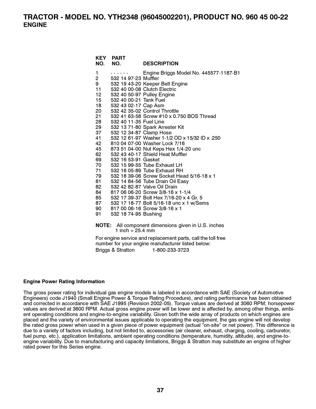 Husqvarna 532 43 62-68, 96045002201 owner manual KEY Part NO. NO. Description, Engine Power Rating Information 